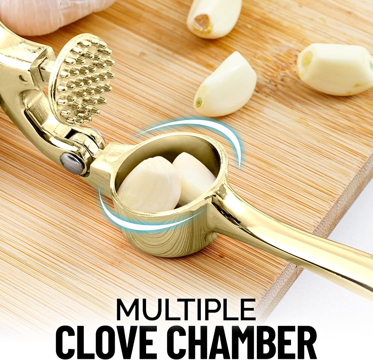 Zulay Kitchen Premium Garlic Press with Soft, Easy to Squeeze Handle - Includes Silicone Garlic Peeler & Cleaning Brush - 3 Piece Garlic Mincer Tool - Sturdy Easy to Clean Garlic Crusher (Gold) - Culinary Roots