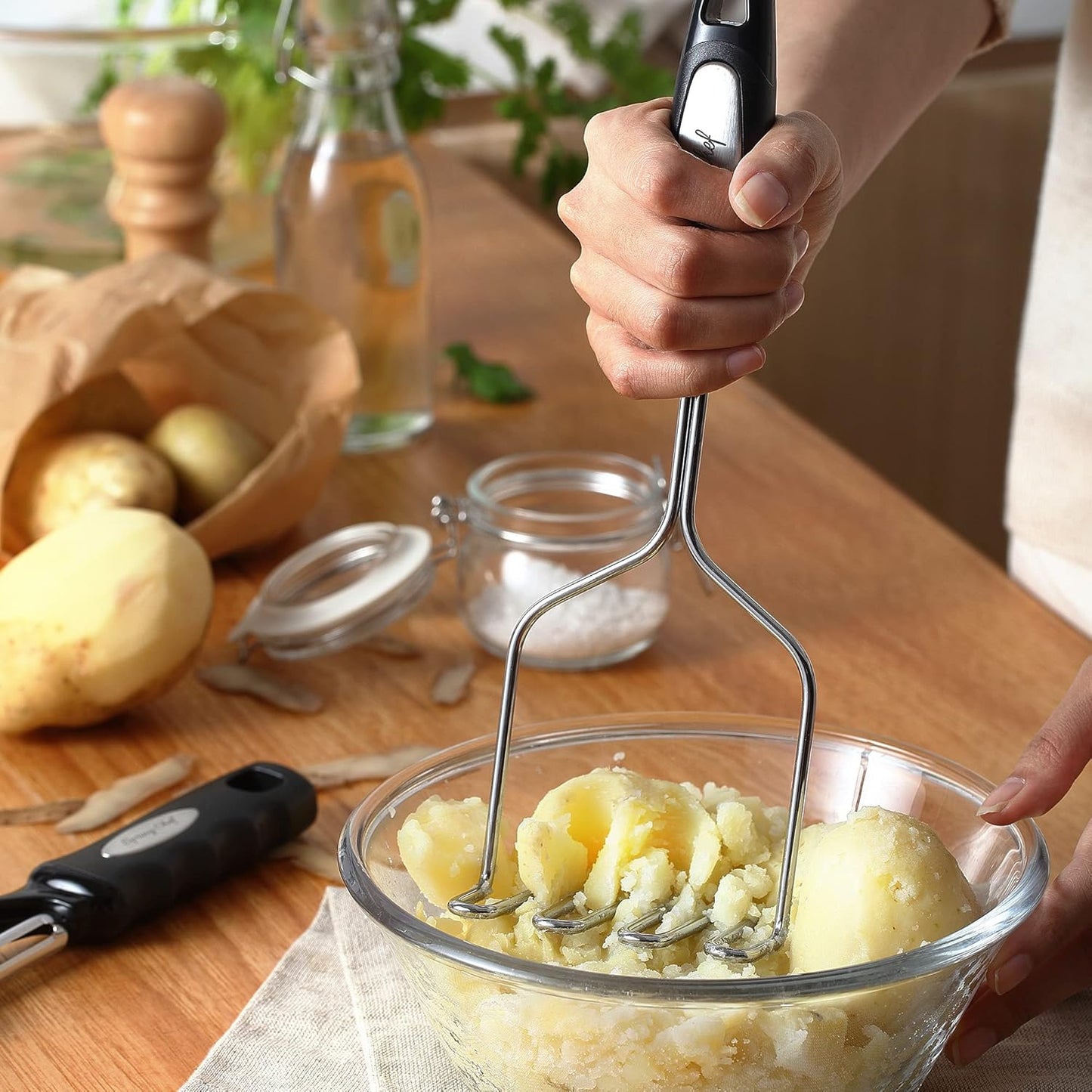 Spring Chef Stainless Steel Potato Masher with Premium Vegetable Peeler, Mashed Potato Masher - Kitchen Tool with Soft Non-slip Handle, Metal Food Masher for Fruit, Avocado, Bean, Guacamole, Banana - Culinary Roots