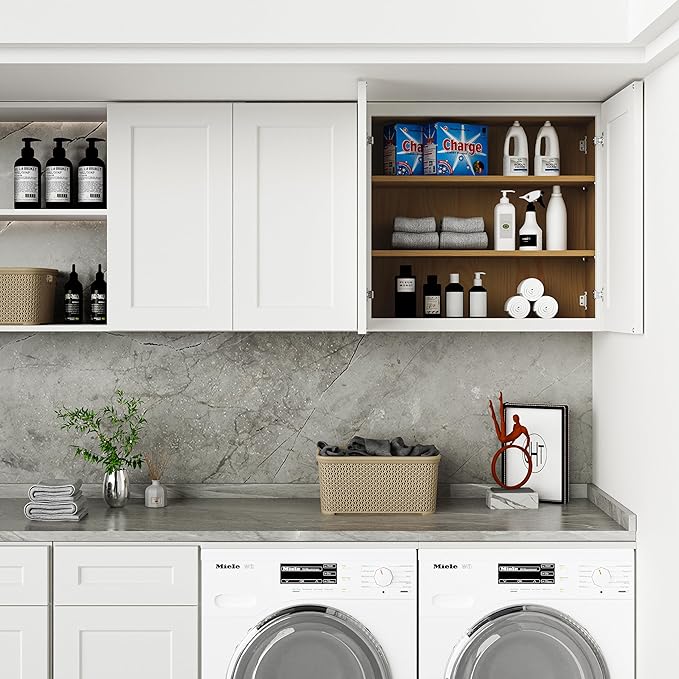 33 Inch Laundry Room Cabinets Wall Mounted, Solid Wood Over The Toilet Storage Cabinet, Bathroom Organizer Cabinets with 2 Shaker Door & Shelves, Easy to Assemble for Kitchen, Garage - White