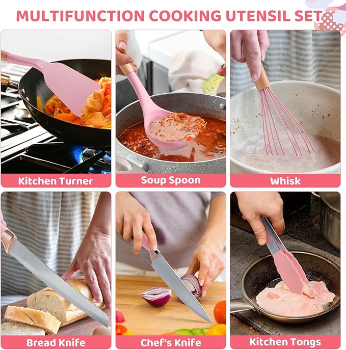 37 PCS Kitchen Utensils Set, Silicone Cooking Utensils Set with Knife Set and Holder, Wooden Handle Kitchen Tool Set (Pink)
