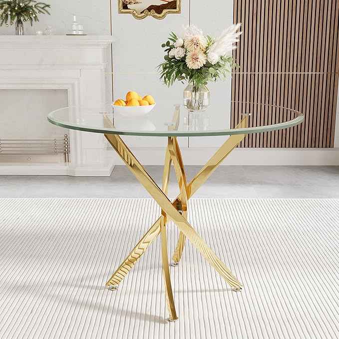 AF ARTISAN FURNITURE 36" Round Glass Dining Table for 4, Stainless Steel Legs & Tempered Glass Top, Modern Circle Leisure Table for Home Office Kitchen Dining Room Small Spaces (Gold Leg)
