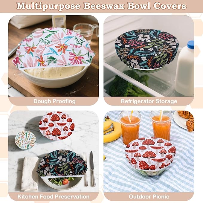 5-Size Reusable Beeswax Bowl Covers for Bread Proofing, Cotton Cloth Flexible Beeswax Wraps for Food Storage(Mushroom)