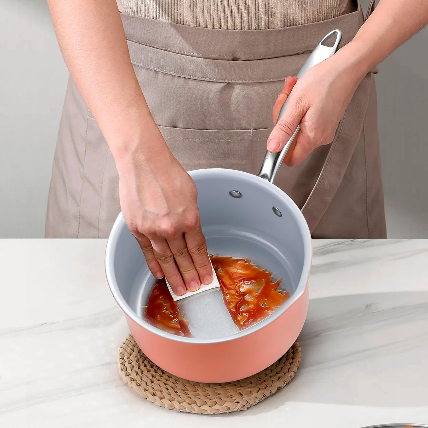 Nonstick Ceramic Saucepan 2.5 Qt,Sauce Pot with Strainer Lid,Two Side Spouts for Easy Pour with Ergonomic Handle,Non Toxic,PTFE &PFOA Free - Oven Safe Compatible with All Stovetops,Perracotta - Culinary Roots