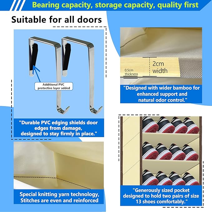 Over The Door Shoe Organizer, 70 Pounds Large Capacity, 20-30-Pair shoe organizer, Heavy Duty-Extra Deep Pockets ,Anti-Scratch Hooks & FSC-Certified Bamboo ,Engineered for Men’s Size 13 shoe,Beige