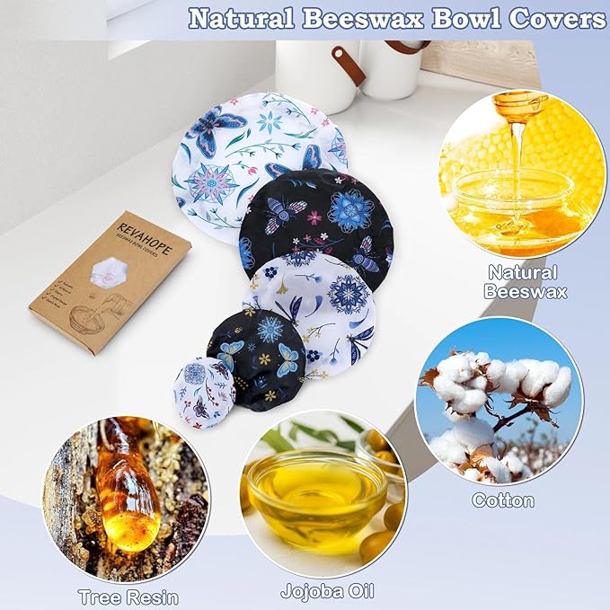 5-Size Reusable Beeswax Bowl Covers for Bread Proofing, Cotton Cloth Flexible Beeswax Wraps for Food Storage(Butterfly)