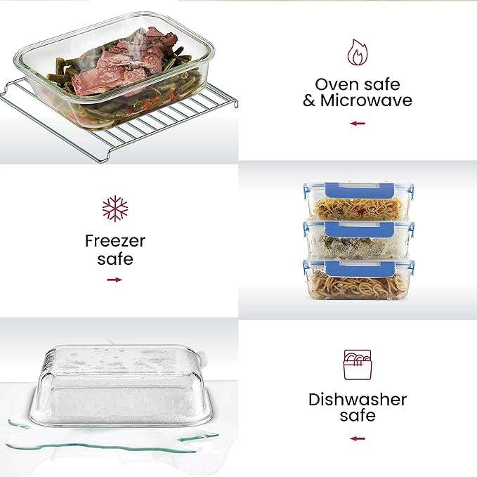 FineDine 24 Piece Glass Storage Containers with Lids - Leak Proof, Dishwasher Safe Glass Food Storage Containers for Meal Prep or Leftovers, Blue