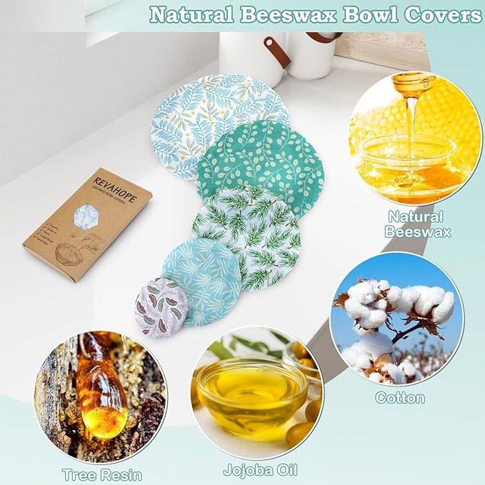 5-Size Reusable Beeswax Bowl Covers for Bread Proofing, Cotton Cloth Flexible Beeswax Wraps for Food Storage(Green Leaves)