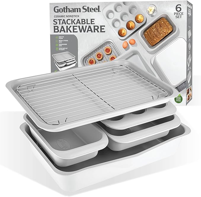 Gotham Steel 6 Pc Stackable Baking Pans Set, 70% Space Saving Design, Ceramic Bakeware Sets Non Toxic Made Without PFOA PFOS, with Baking Sheet Tray, Cake & Muffin Pans, Oven & Dishwasher Safe