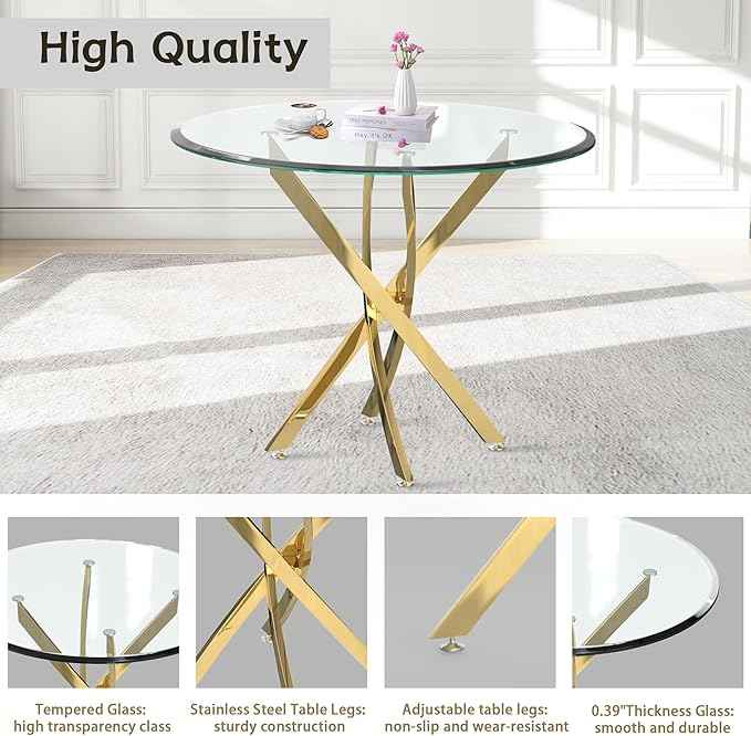 AF ARTISAN FURNITURE 36" Round Glass Dining Table Set for 4, 5-Piece Modern Kitchen Table with 4 White Velvet Chairs, Modern Circle Leisure Table for Home Office Dining Room Small Spaces (Gold Leg)