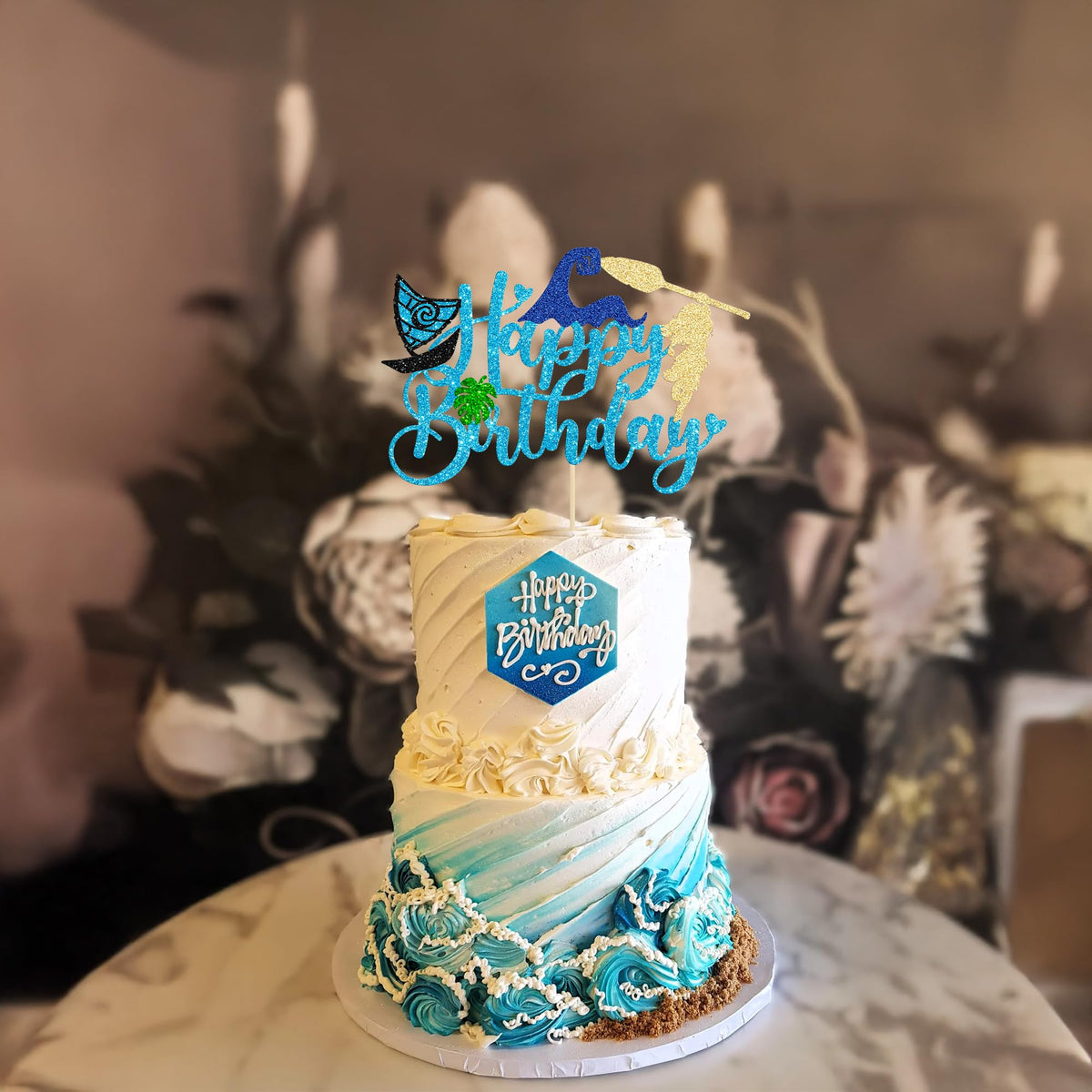 1Pcs Summer Cake Topper Glitter Tree Flower Happy Birthday Cake Pick Decoration for Tropical Hawaiian Luau Theme Baby Shower Kids Birthday Party Cake Decorations Supplies Blue