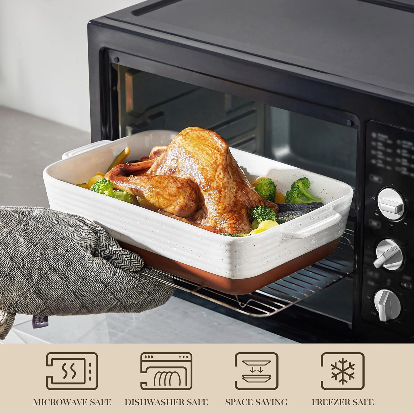 MALACASA Baking Dish 4.8 Qt Ceramic Casserole & Lasagna Pan, 9x13 Inch Deep Rectangular Oven Safe Dish with Handles for Baking, Roasting, Serving (Khaki & White) - Series Tara - Culinary Roots