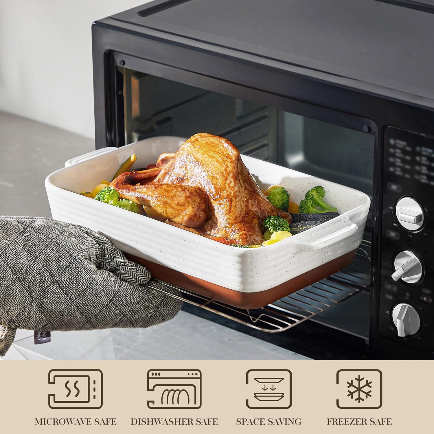 MALACASA Baking Dish 4.8 Qt Ceramic Casserole & Lasagna Pan, 9x13 Inch Deep Rectangular Oven Safe Dish with Handles for Baking, Roasting, Serving (Khaki & White) - Series Tara - Culinary Roots