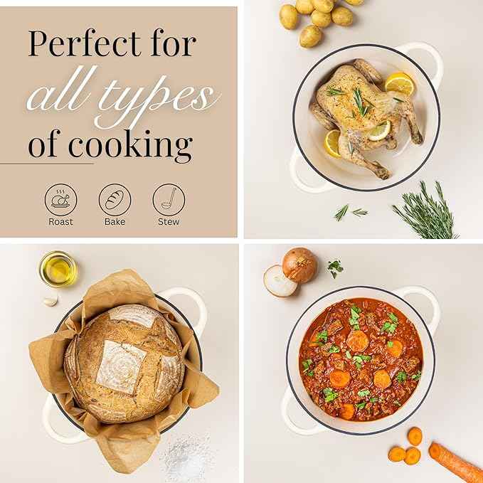 Cast Iron Pot with Lid – Non-Stick Ovenproof Enamelled Casserole Pot, Oven Safe up to 500° F – Sturdy Dutch Oven Cookware – Cream, 5-Quart, 24cm – by Nuovva