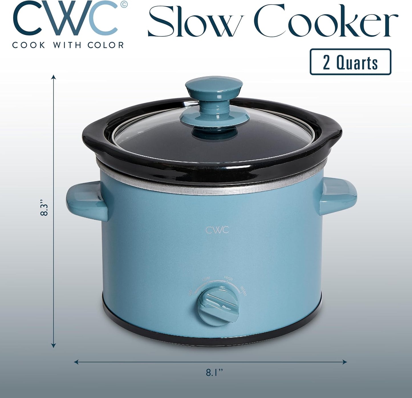 COOK WITH COLOR 2QT Mini Electric Round Slow Cooker - Adjustable Settings, Removable Stoneware Pot, Tempered Glass Lid, Dishwasher Safe, Cool-Touch Side Handles, Slate Blue - Culinary Roots