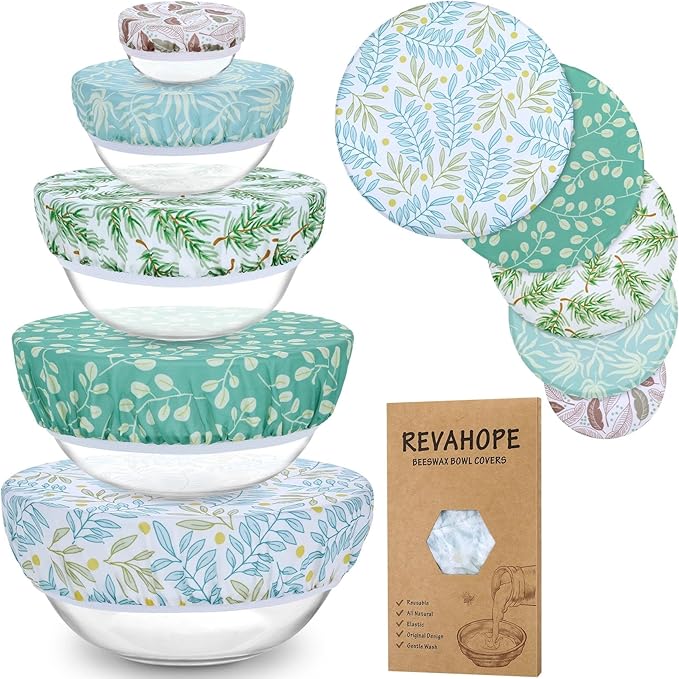 5-Size Reusable Beeswax Bowl Covers for Bread Proofing, Cotton Cloth Flexible Beeswax Wraps for Food Storage(Green Leaves)