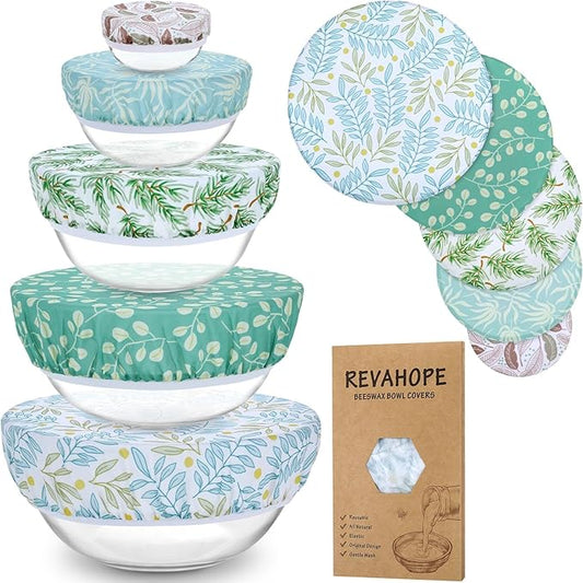 5-Size Reusable Beeswax Bowl Covers for Bread Proofing, Cotton Cloth Flexible Beeswax Wraps for Food Storage(Green Leaves)