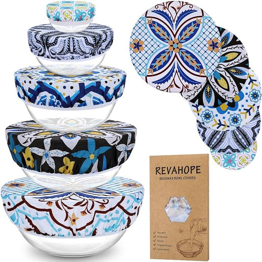 5-Size Reusable Beeswax Bowl Covers for Bread Proofing, Cotton Cloth Flexible Beeswax Wraps for Food Storage(Moroccan Style)
