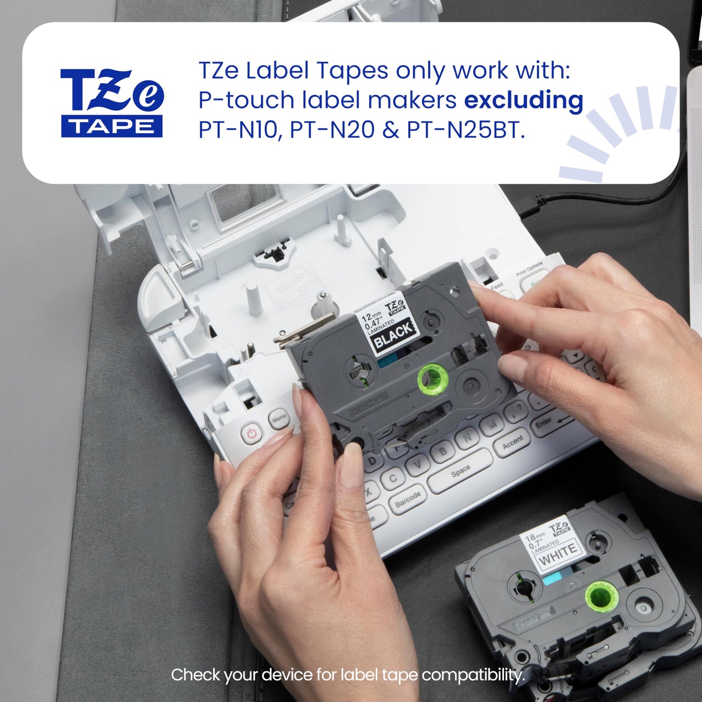Genuine P Touch TZe White Print on Black Label Tape