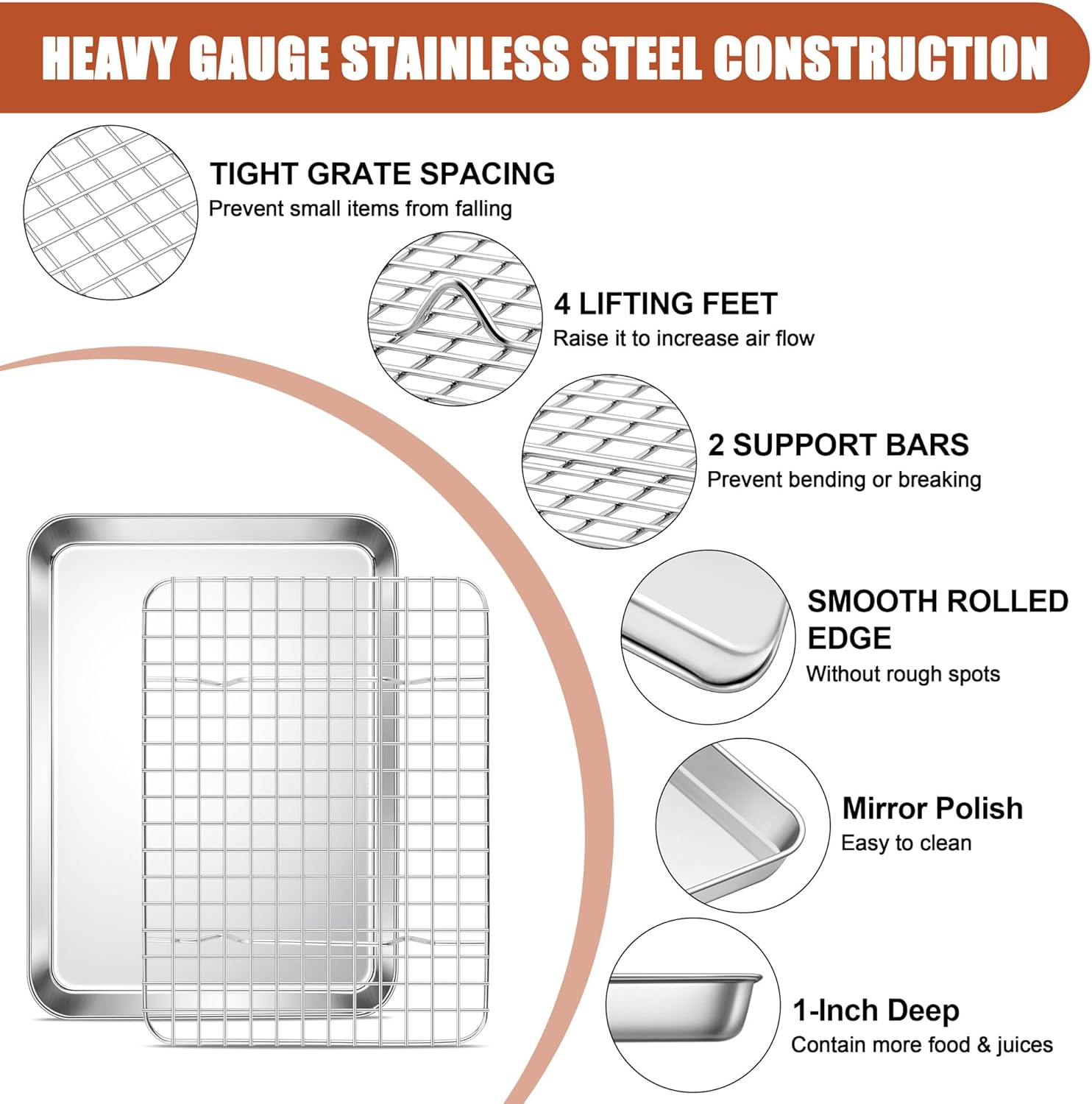 E-far Stainless Steel Baking Sheet with Wire Rack Set, 10.5” x 8.3” Cookie Sheet Baking Pan for Toaster Oven, Small Metal Tray with Cooling Rack for Cooking Roasting, Non-Toxic & Dishwasher Safe - Culinary Roots