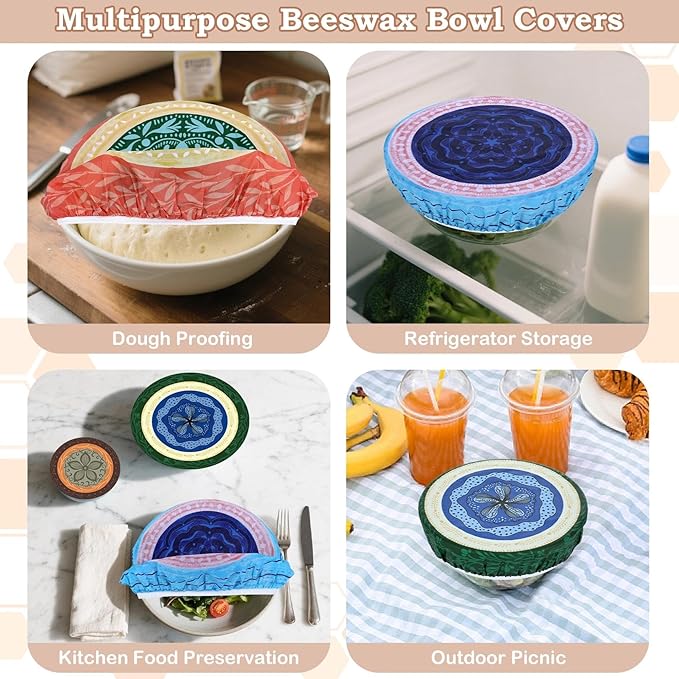 5-Size Reusable Beeswax Bowl Covers for Bread Proofing, Cotton Cloth Flexible Beeswax Wraps for Food Storage(Colorful Concentric Circle)