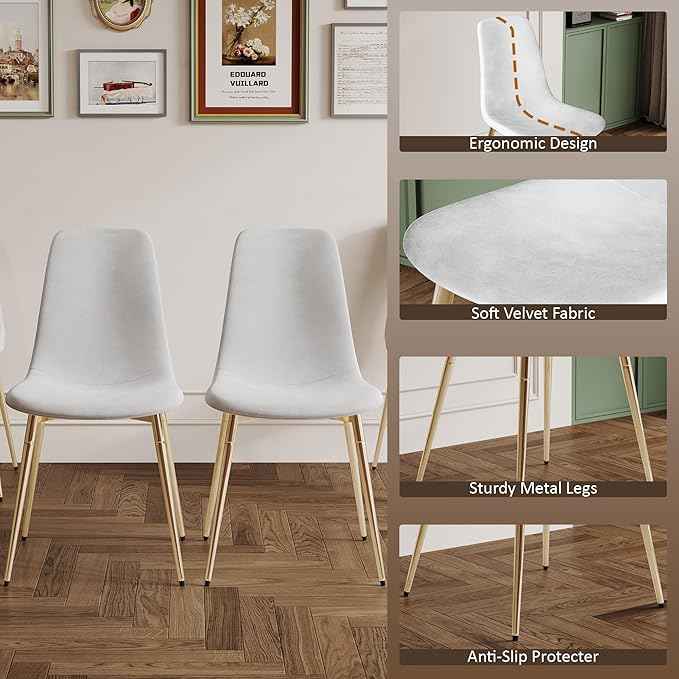 AF ARTISAN FURNITURE 36" Round Glass Dining Table Set for 4, 5-Piece Modern Kitchen Table with 4 White Velvet Chairs, Modern Circle Leisure Table for Home Office Dining Room Small Spaces (Gold Leg)