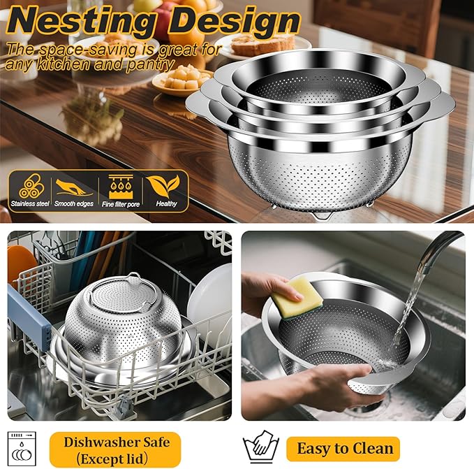 Colander, Stainless Steel Colander for Kitchen, 3Pcs Kitchen Gadget Food Strainer Basket with Handle, Kitchen Strainer Colanders Bowl for Pasta Noodles Spaghetti Vegetables Fruit (1QT, 2QT, 5QT)