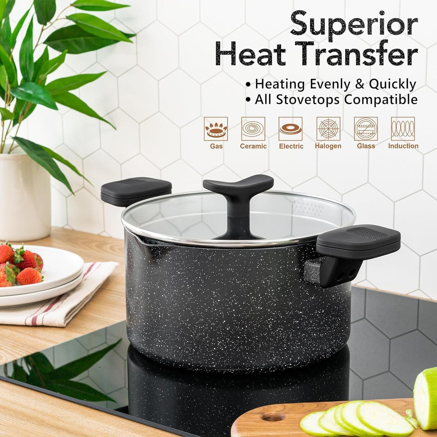 MICHELANGELO Pasta Pot with Strainer Lid, 6 Quart Cooking Pot with Twist and Lock Handles, Soup Pot with Nonstick Granite Coating, Spaghetti Pot Induction Compatible, Black - Culinary Roots