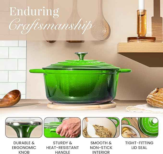 Nuovva Enamelled Cast Iron Dutch Oven Pot with Lid – 6.4 Quart Non Stick Casserole Pot – Heavy Duty & Oven Safe up to 500° F for Bread Baking, Braising, Stews, Roasting – 28cm Green