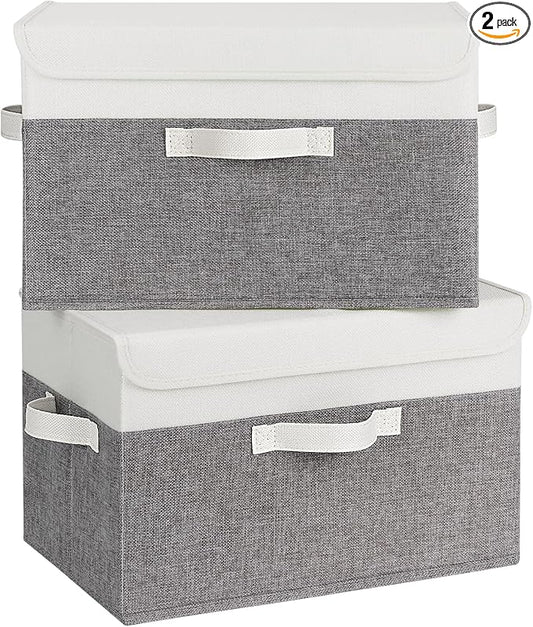 GRANNY SAYS Fabric Storage Boxes, Memory Keepsake Box, Large Storage Bins with Lids, Closet Organizers, Toy Box, Storage Baskets for Shelves, White/Gray, 2-Pack