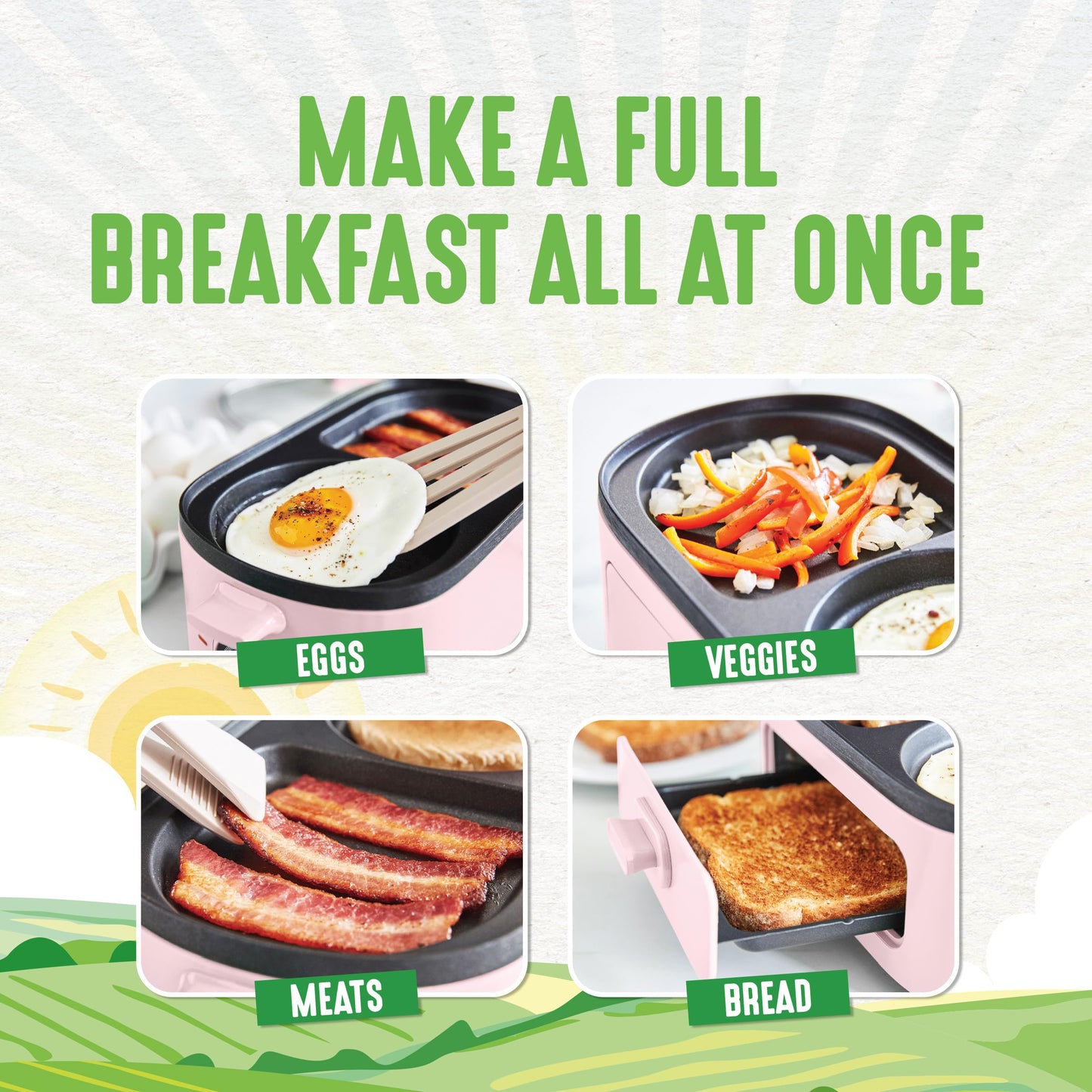 3-in-1 Breakfast Maker Station, Healthy Ceramic Nonstick Dual Griddles for Eggs Meat Sausage Bacon Pancakes and Breakfast Sandwiches, 2 Slice Toast Drawer, Easy-to-use Timer, Pink
