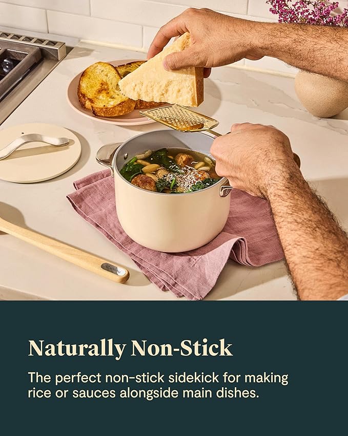 Caraway Petite Cooker - 2 Qt Ceramic Coated Pot - Free From Forever Chemicals - Perfect for Rice, Grains, or Sauces - Sage