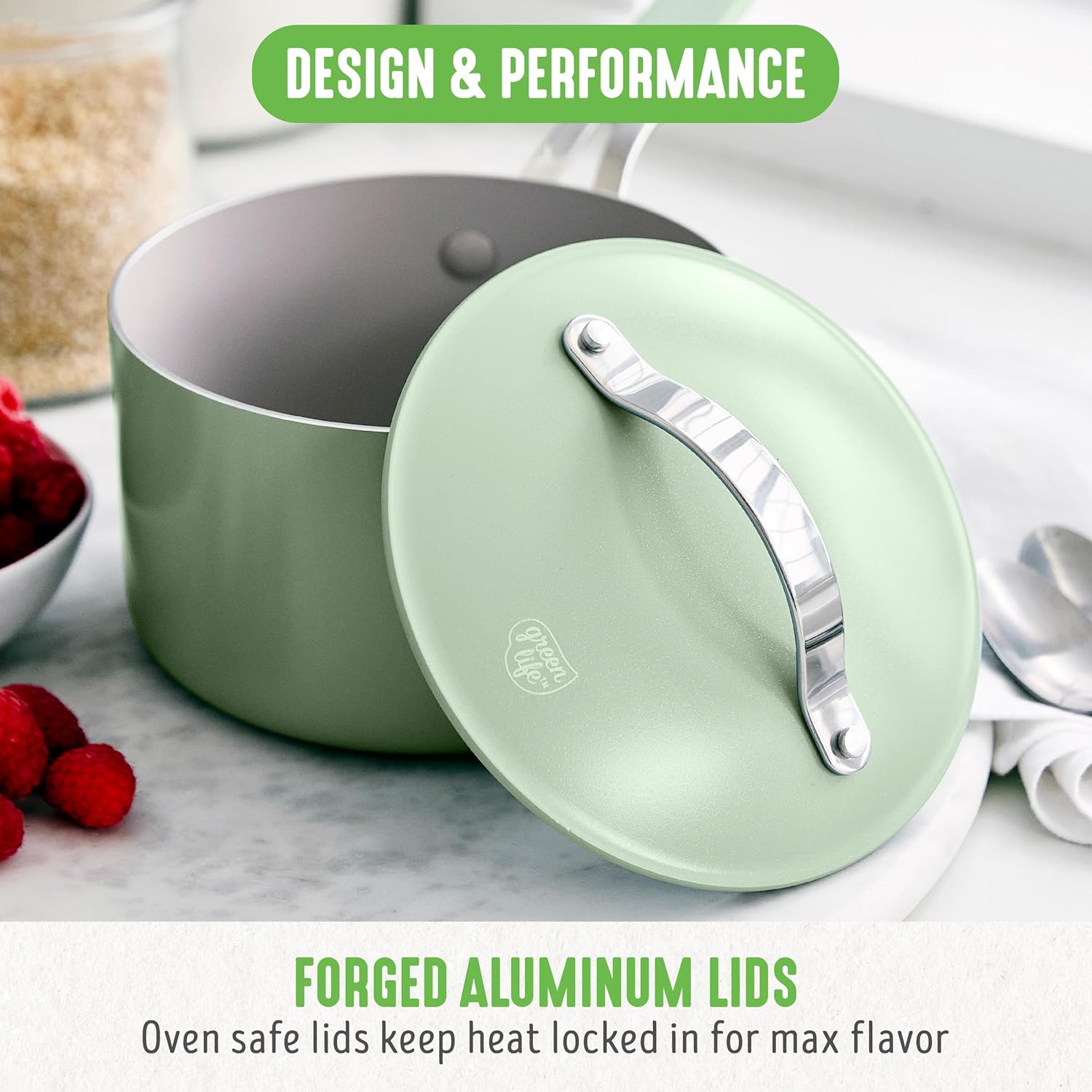 GreenLife 10-Piece Nonstick Ceramic Cookware Set, Lightweight Healthy PFAS-Free Pots & Pans with Lids, Dishwasher & Oven Safe, Durable Body, Silicone Stay-Cool Handles, Easy Release, Sage Green - Culinary Roots