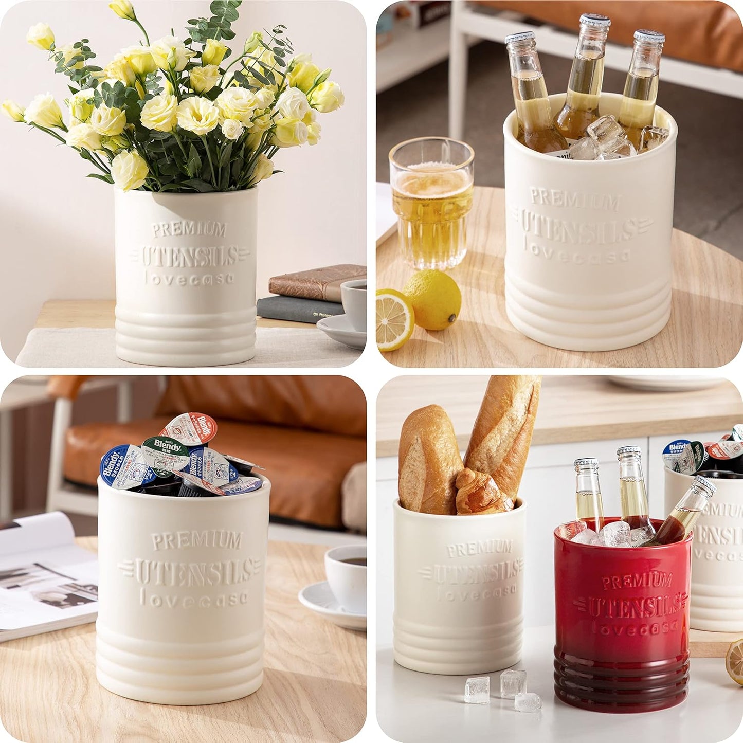 LOVECASA Vintage Utensil Holder for Kitchen Countertop, 7.2” Large Ceramic Utensil Crock for Home Décor, Farmhouse Utensil Vase for Housewarming, Wedding, Birthday Gift - Cream White