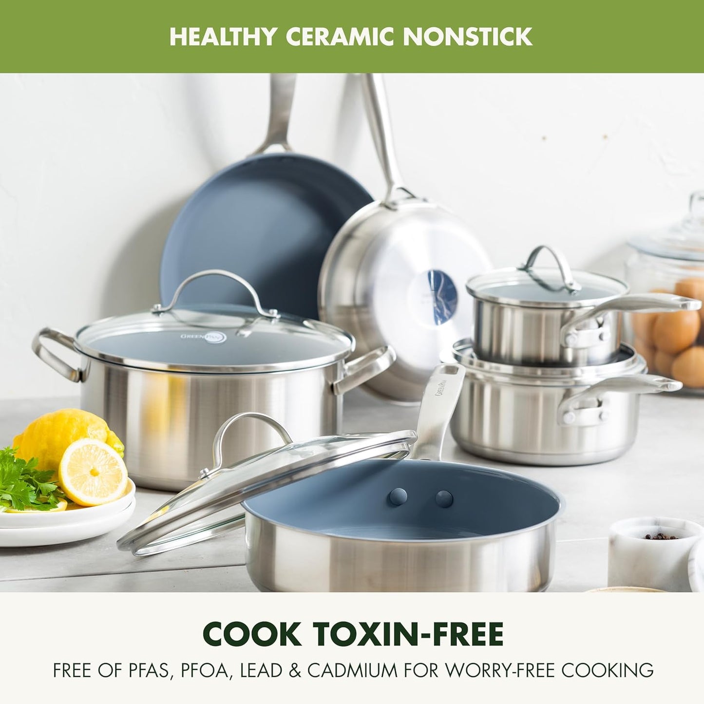 GreenPan Treviso 10 Piece Cookware Set, Non-Toxic PFAS-Free Stainless Steel Ceramic Nonstick Coating, Induction Suitable, Pots, Pans Lids, Sauté & Saucepans, Multi Clad, Dishwasher & Oven Safe - Culinary Roots