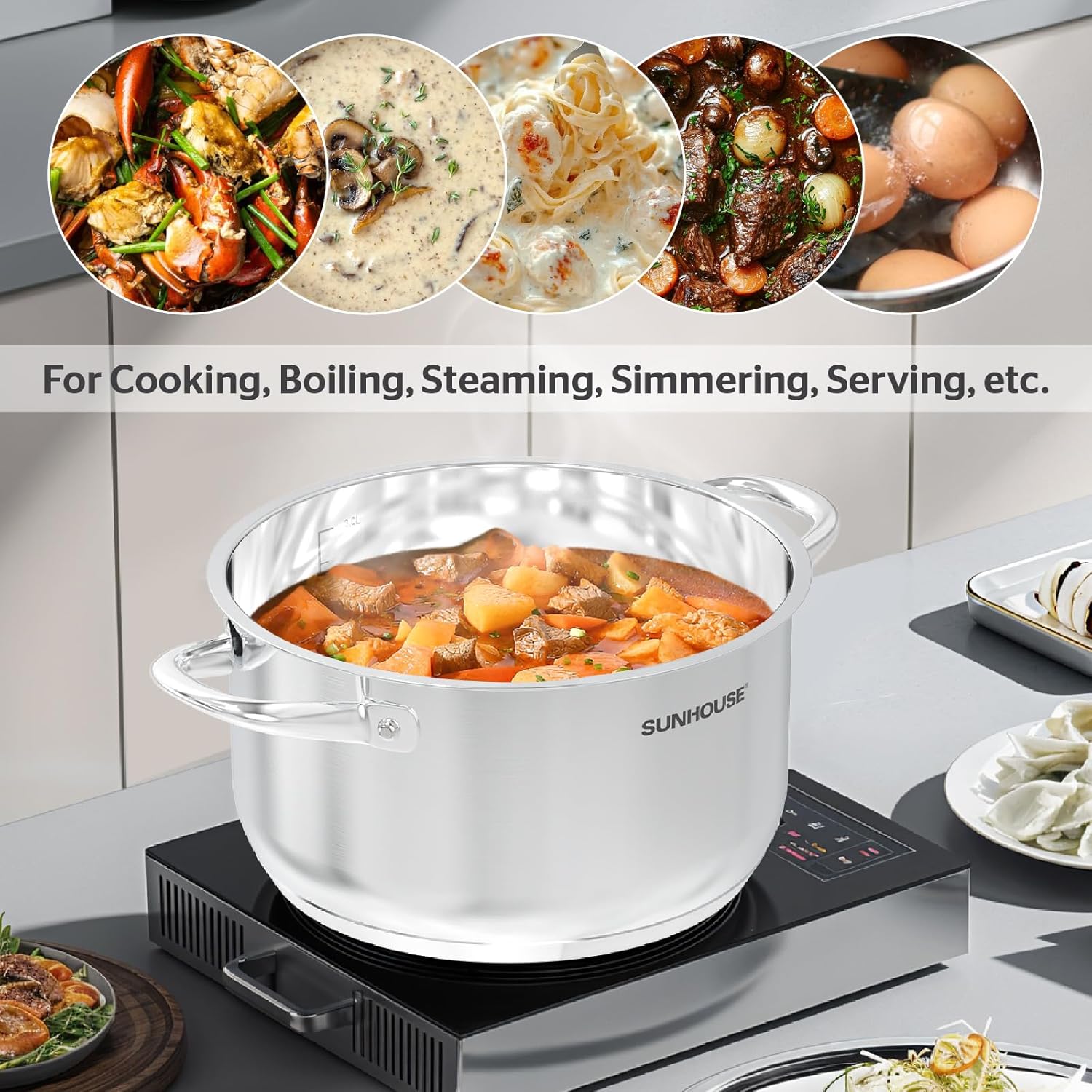 SUNHOUSE 8 Quart Stock Pot with Lid - 3-Ply Bottom Stainless Steel Pasta Cooking Canning Dutch Oven Pot - Induction Compatible for All Stovetops - Dishwasher Safe & Oven Safe - Culinary Roots