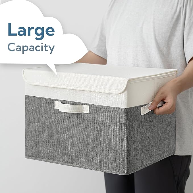 GRANNY SAYS Large Storage Bins with Lids, Collapsible Storage Box, Storage Basket for Shelves, Decorative Storage Bins, Toy Storage, Closet Organizers, White/Gray