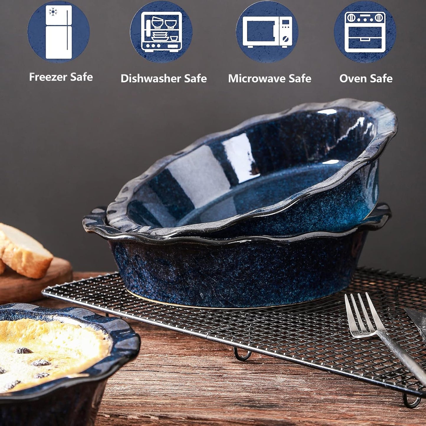 vicrays Ceramic Pie Pan for Baking - 9 inch Pie Plate, Round, Fluted and Deep Pie Dish for Tart, Pizza, Apple Pie, Quiche, Pot Pies, Cake - Reactive Glaze (Starry Blue) - Culinary Roots