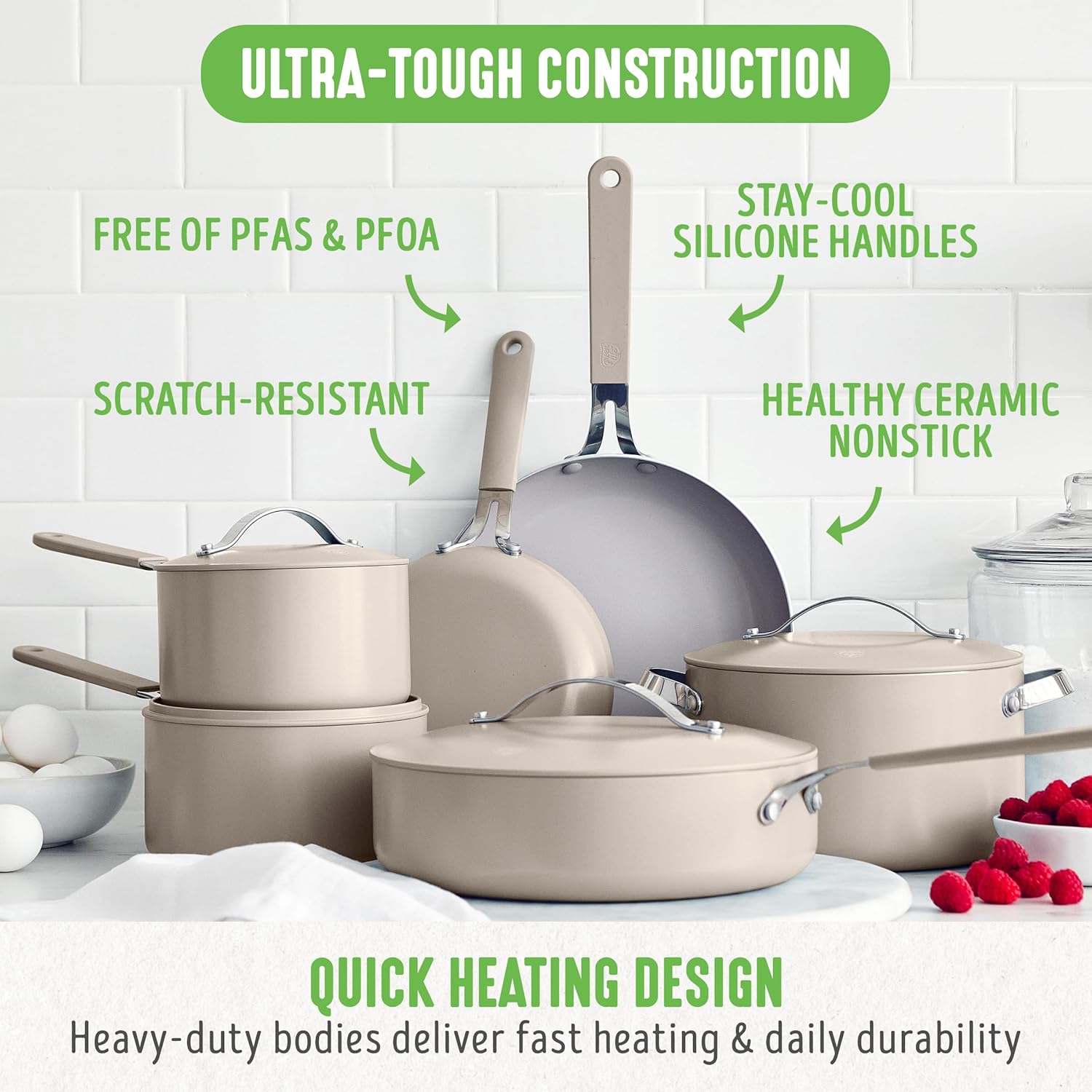 GreenLife 10-Piece Nonstick Ceramic Cookware Set, Lightweight Healthy PFAS-Free Pots & Pans with Lids, Dishwasher & Oven Safe, Durable Body, Silicone Stay-Cool Handles, Easy Release, Taupe - Culinary Roots