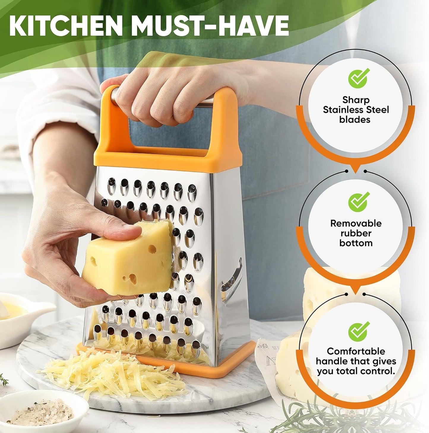 Spring Chef Handheld Stainless Steel XL Parmesan Cheese Grater with Handle - 4 Sided Manual Box Grater for Kitchen - Dishwasher Safe Cheese Shredder for Carrot, Potato, Vegetables, Hash Brown - Mango - Culinary Roots