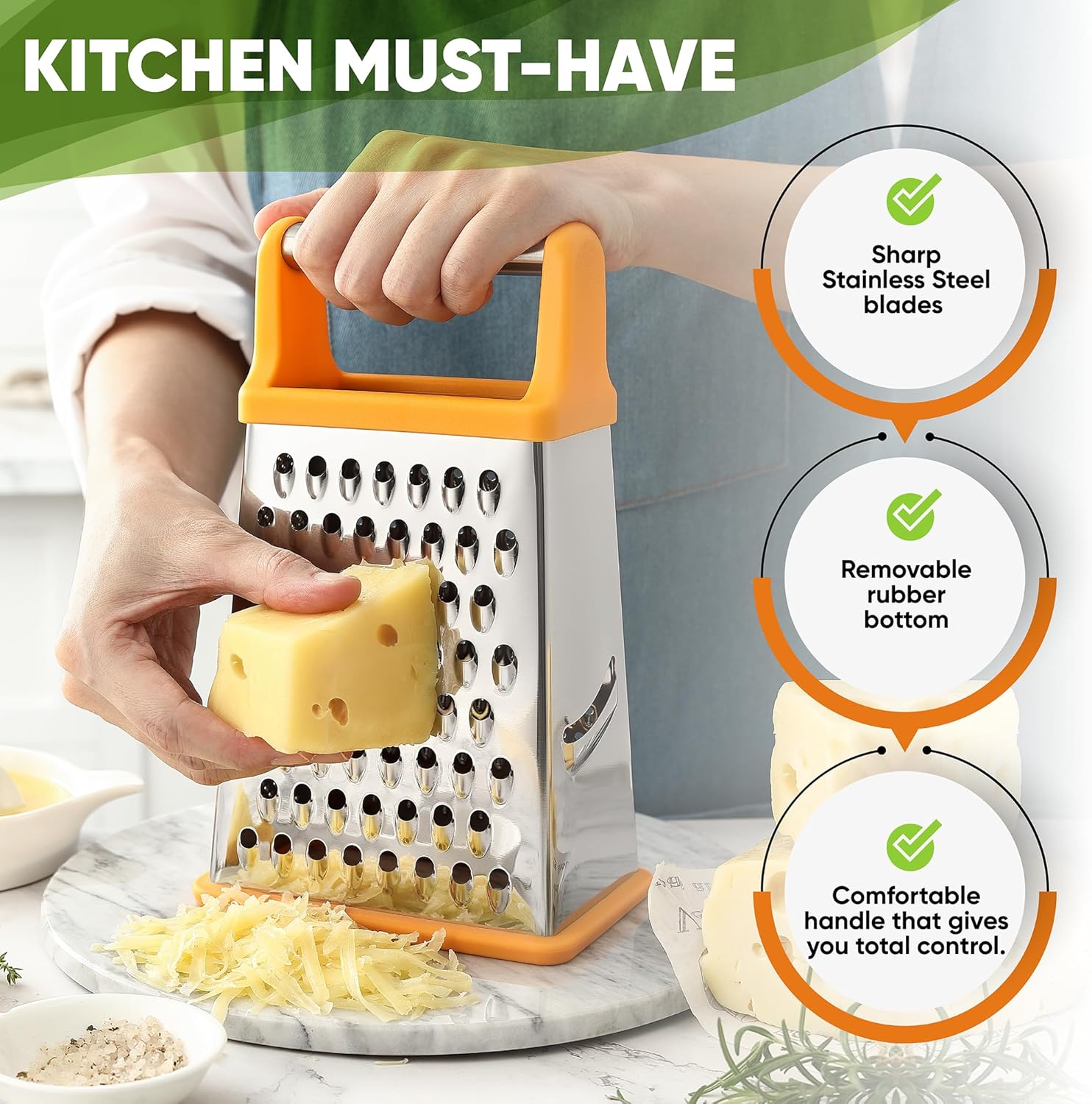 Spring Chef Handheld Stainless Steel XL Parmesan Cheese Grater with Handle - 4 Sided Manual Box Grater for Kitchen - Dishwasher Safe Cheese Shredder for Carrot, Potato, Vegetables, Hash Brown - Mango - Culinary Roots