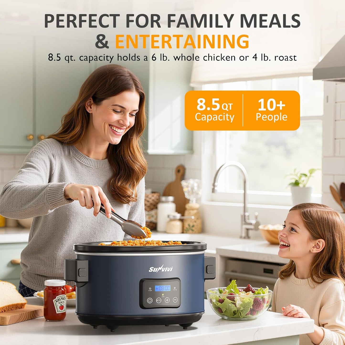 Sunvivi 8.5 Quart Programmable Slow Cooker: Multi-Cooker Food Warmer with Locking Lid & Digital Timer, Adjustable Tempature Control, Dishwasher Safe, Perfect for Families and Gatherings, Blue - Culinary Roots