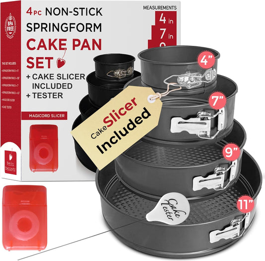 Spring Form Pan for Cheesecake, 4/7/9/11 Inch NONSTICK Cheesecake PanSet with CAKE SLICER and TESTER, Leakproof Springform Pan Set, 4 Spring Form Pans for Baking Compatible with INSTANT POT - Culinary Roots