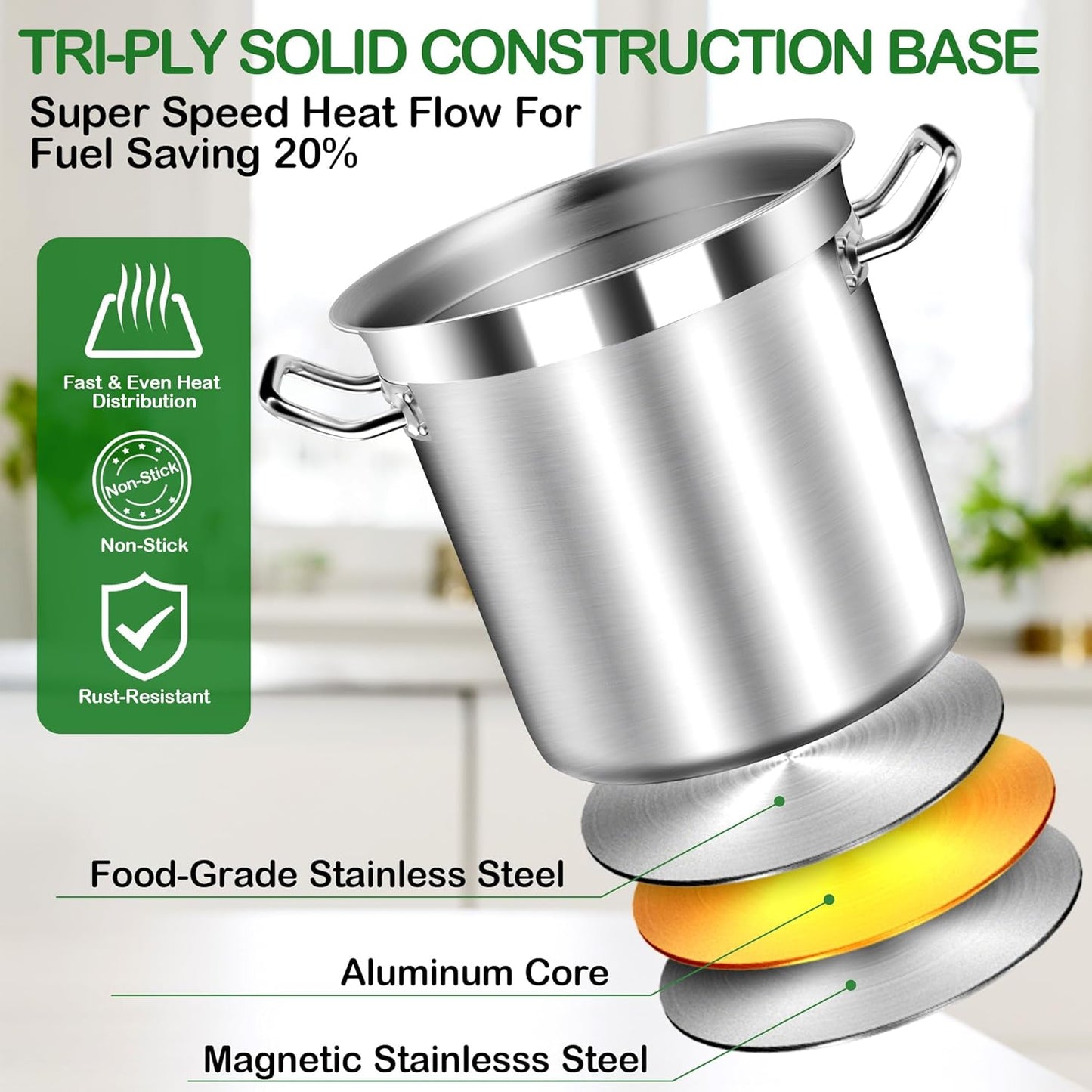 20 Quart Soup Pot with Lid – Stainless Steel Stock Pot, Heavy Duty Cooking Pot for Soup, Pasta, Stew – Induction & Oven Safe, Commercial & Home Use - Culinary Roots