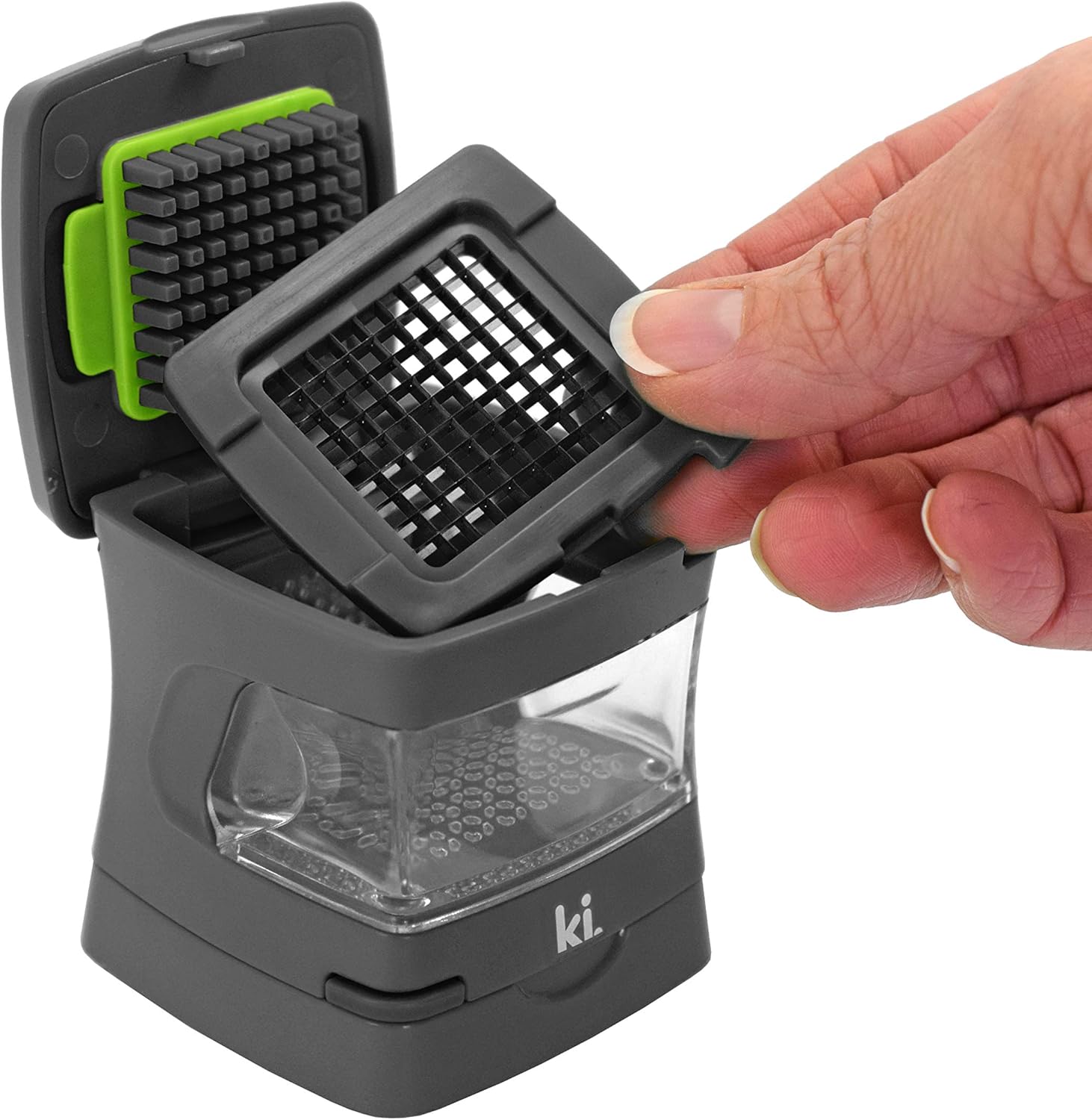 Garlic-A-Peel Garlic Press, Crusher, Cutter, Mincer, and Storage Container - Includes Silicone Garlic Peeler - Easy to Clean - Stainless Steel Blades – (Grey), standard - Culinary Roots