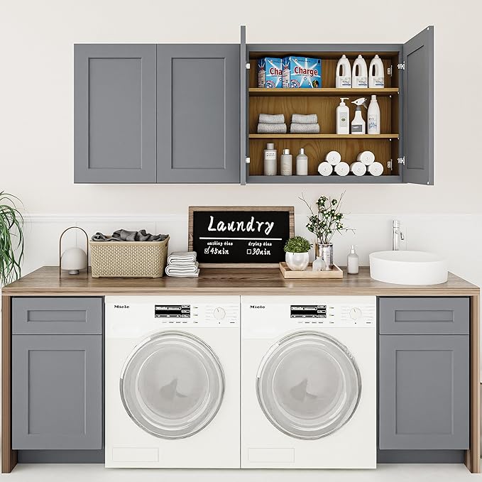 36 Inch Laundry Room Cabinets Wall Mounted, Solid Wood Over The Toilet Storage Cabinet, Bathroom Organizer Cabinets with 2 Door & Shelves, Easy to Assemble for Kitchen, Garage - Dark Gray