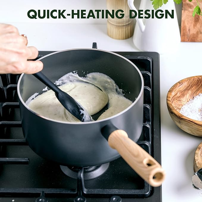 GreenPan Hudson Healthy Ceramic Nonstick, 4 Piece Cookware Pots and Pans Set, Vintage Wood Inspired Handle, PFAS-Free, Dishwasher Safe, Black