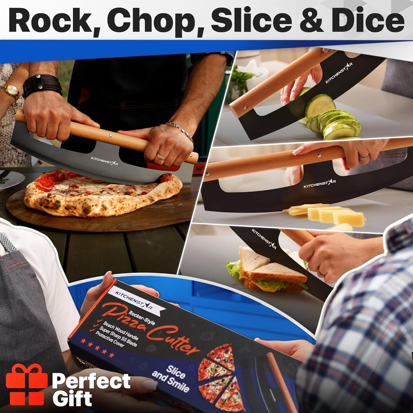 KitchenStar 16-Inch Pizza Cutter Rocker Blade - Razor Sharp Stainless Steel Slicer Knife, Stylish Beech Wood Handle, Protective Cover - Professional Pizza Oven Accessories, Black - Culinary Roots