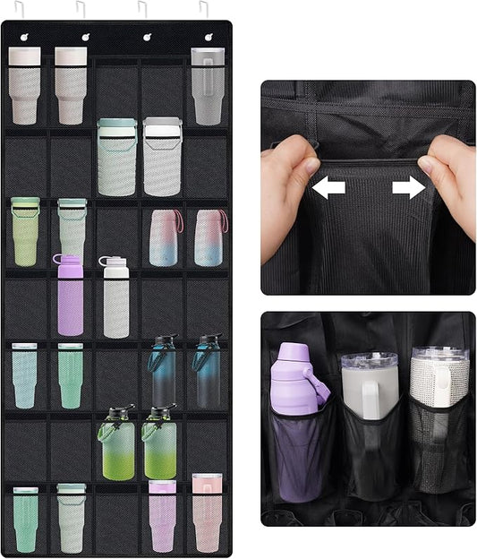NiHome Multi-Functional 35 Pockets Door Hanging Organizer for Stanley Tumbler in Kitchen, Pantry, Bedroom, Bathroom, Large Capacity Elastic Mesh Secure Storage Cup Holder, Foldable for Home and RV Use