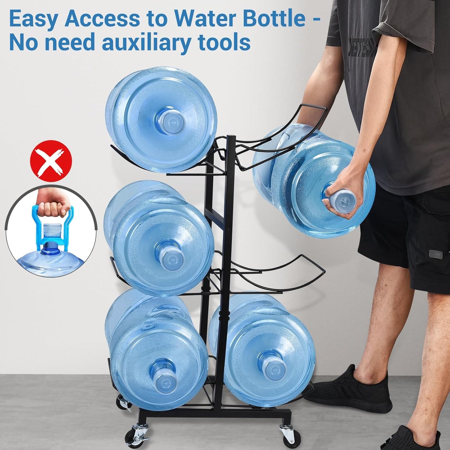 5 Gallon Water Jug Holder with 4 Wheels, Movable Heavy Duty Foldable Water Jug Stand 3-Tier 5 Gallon Water Bottle Holder Water Cooler Jug Storage Rack for 6 Bottles(Black) - Culinary Roots