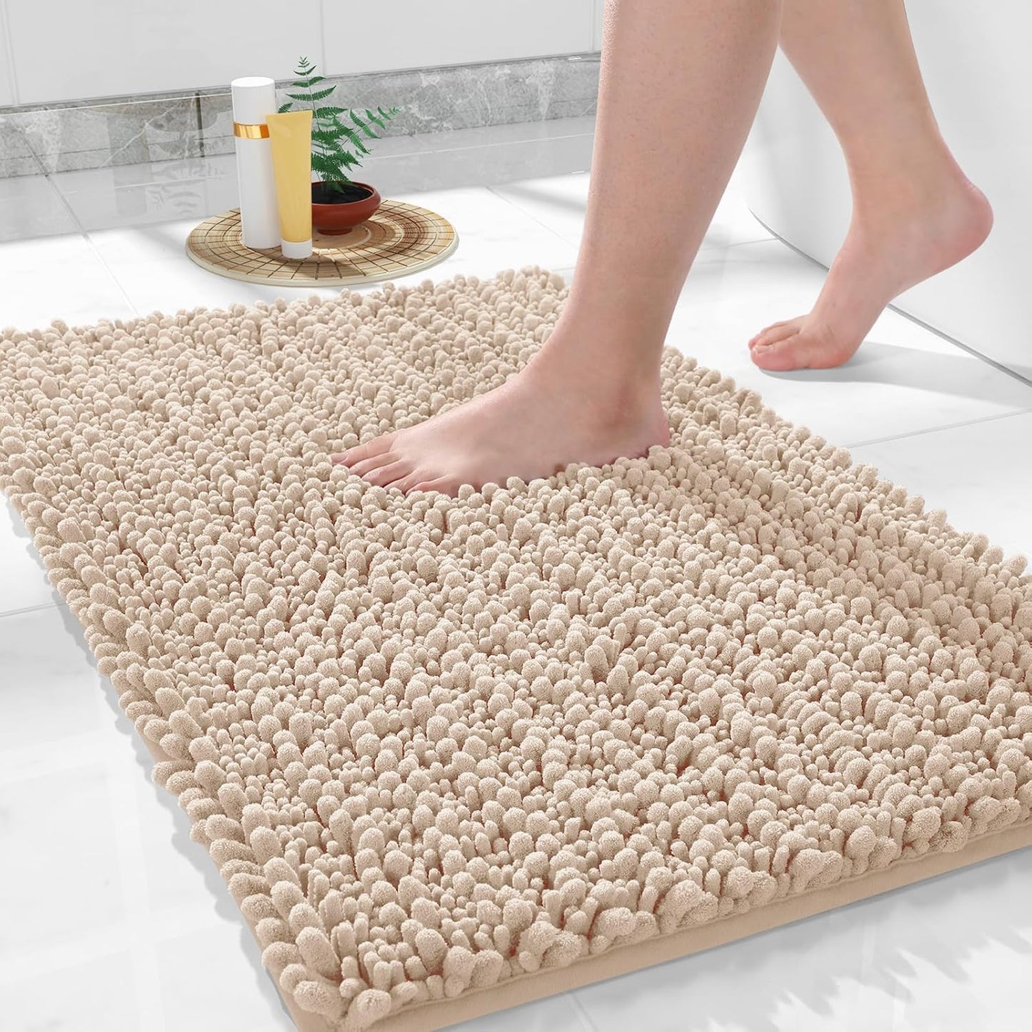 Yimobra Large Bathroom Rugs Non Slip Washable 36x24 Inch - Ultra Soft Absorbent Chenille Bath Mat, Quick Dry Shaggy Floor Carpet for Tub Shower, Light Brown Home Decor Accessories